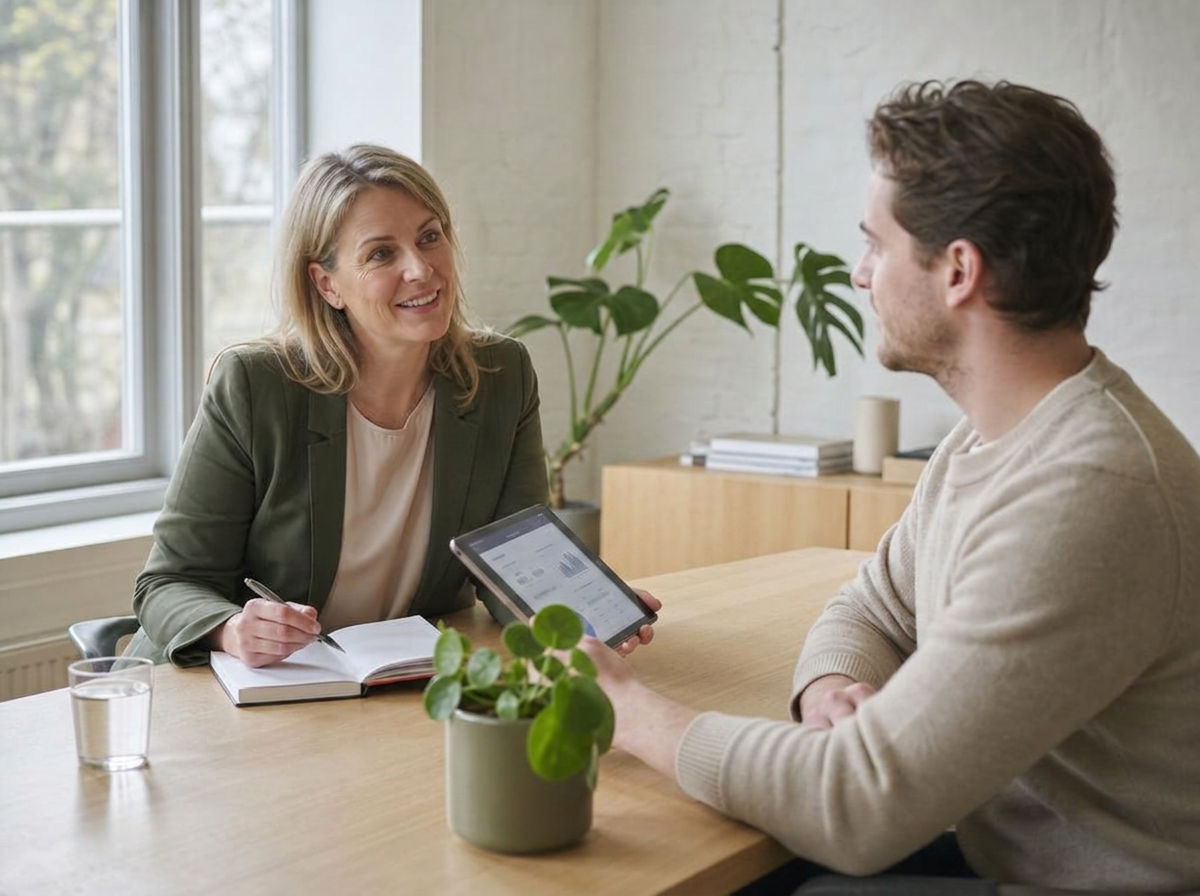 A health consultancy advisor meeting a client at a light oak table in a calm daylight workspace