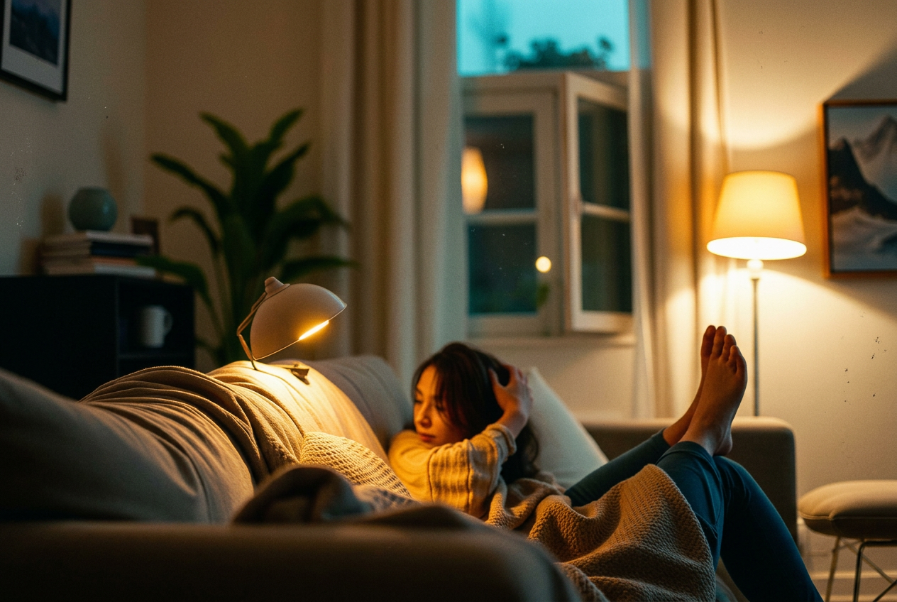 A calm evening scene, warm lamp light, hands holding a phone