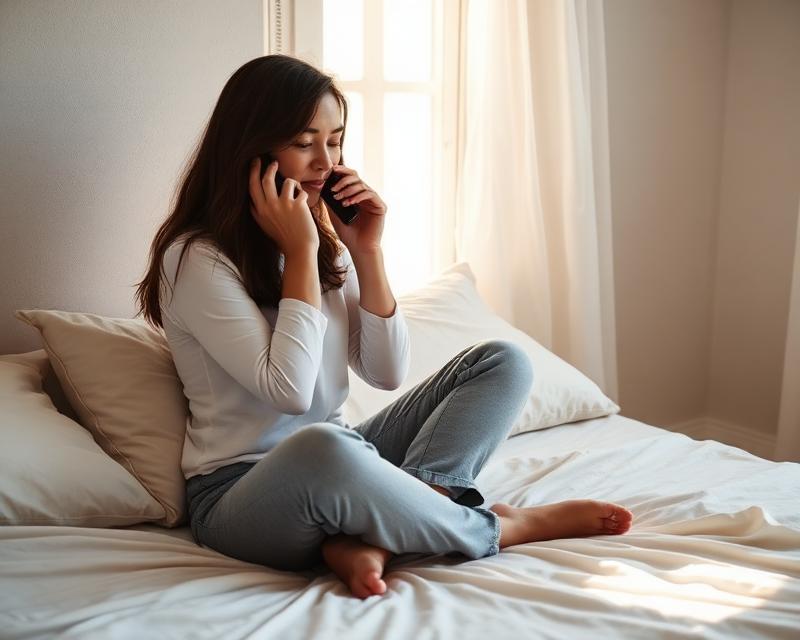 A woman sitting on her bed in soft morning light, talking through her night