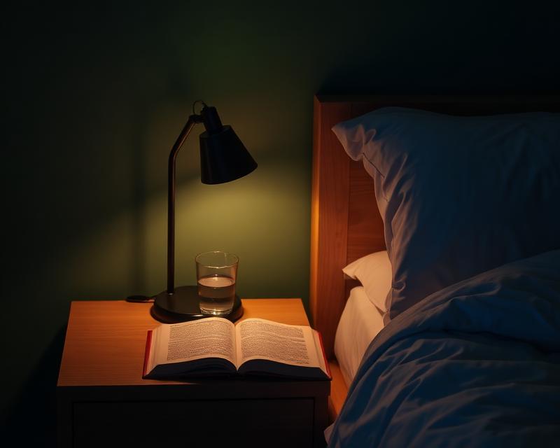 A warm bedside lamp and open book on a nightstand, a nightly plan laid out