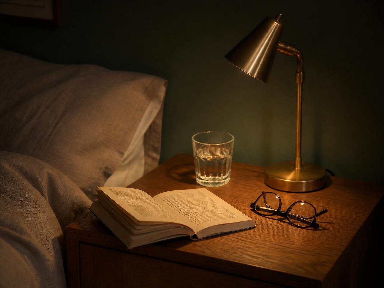 A warm bedside lamp and open book on a nightstand, a nightly plan laid out